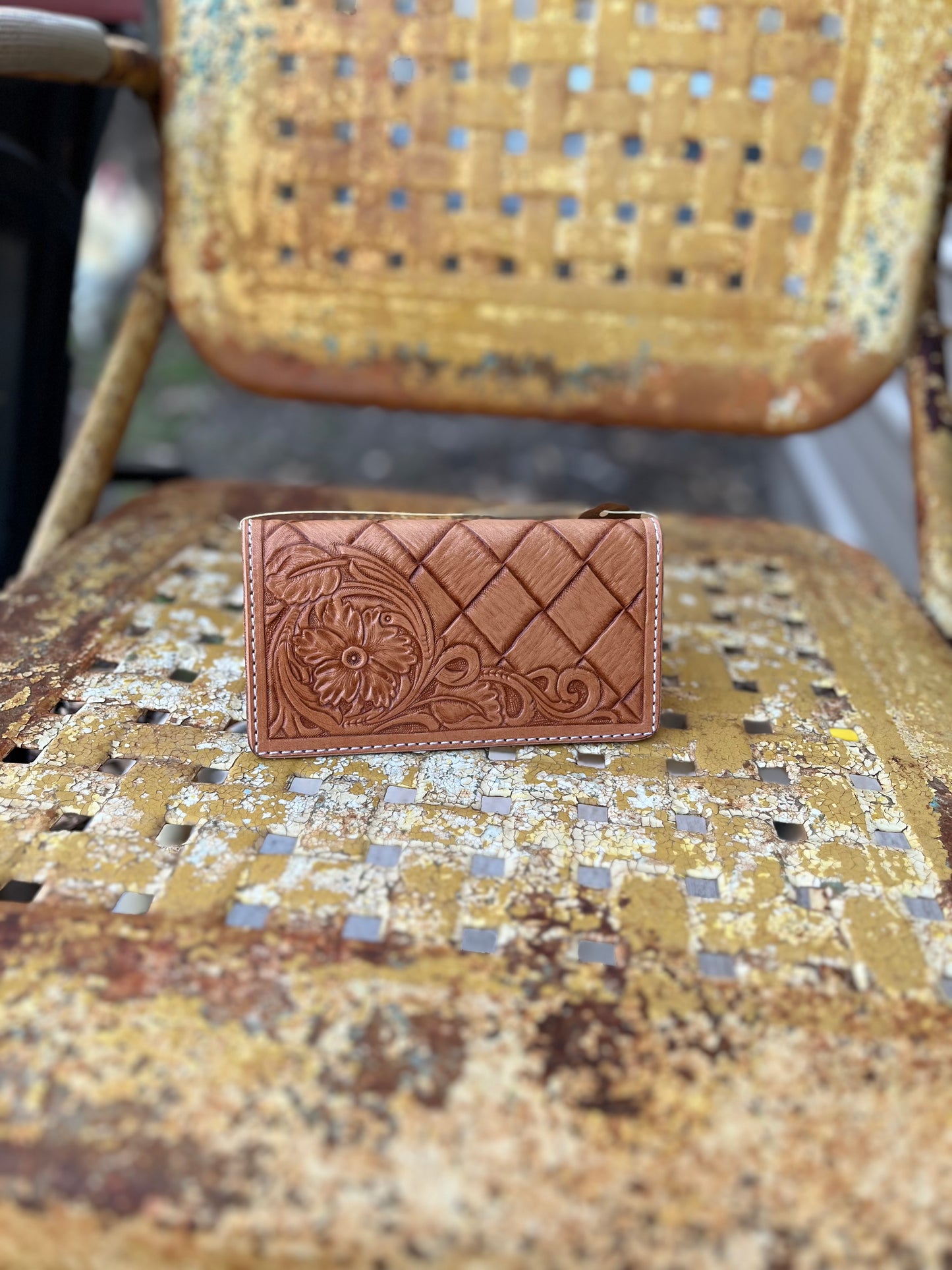Tooled Floral Basket Weave Checkbook Cover